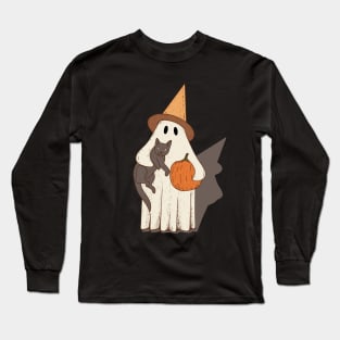 Vintage Ghost with Cat Halloween Graphic Long Sleeve T-Shirt